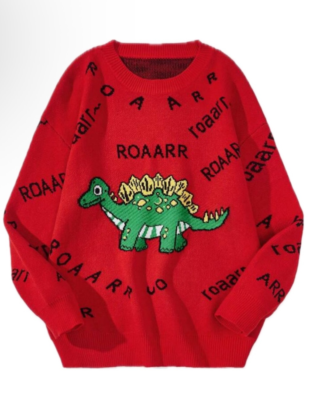 Shein Curve Red Sweater with Green Dinosaur Motif 1XL